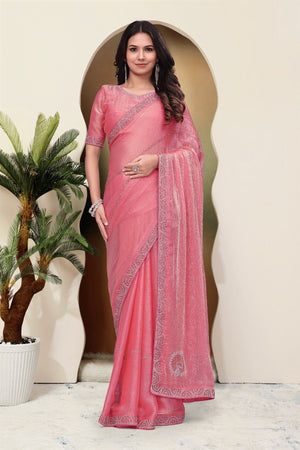 Elegant Pink Chiffon Saree with Silver Ston Work Border