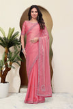 Elegant Pink Chiffon Saree with Silver Ston Work Border