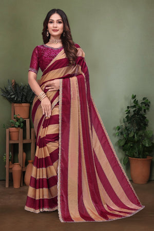 Graceful Maroon & Beige Striped Silk Blend Saree with Designer Lace Border