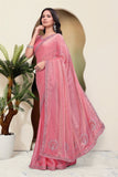 Elegant Pink Chiffon Saree with Silver Ston Work Border