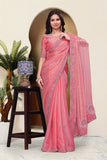 Elegant Pink Chiffon Saree with Silver Ston Work Border