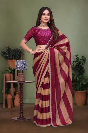 Graceful Maroon & Beige Striped Silk Blend Saree with Designer Lace Border