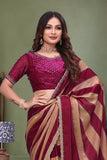 Graceful Maroon & Beige Striped Silk Blend Saree with Designer Lace Border