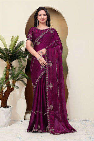 Elegant wine Designer Saree with Intricate Embroidery