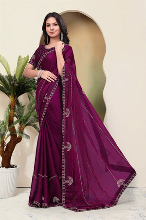 Elegant wine Designer Saree with Intricate Embroidery