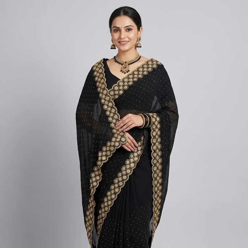 Elegant Black Stone Work Saree for Party, Wedding & Festive Wear