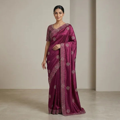 Elegant Wine Purple Stone Work Saree for Party, Wedding & Festive Wear