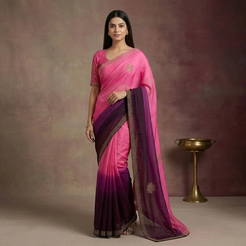 Elegant Pink & Purple Stone Work Saree with Designer Border | Premium Party Wear Saree