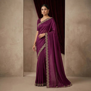 Elegant Wine Purple Stone Work Border Saree for Party & Wedding Wear