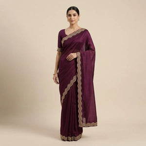 Elegant Wine Purple Stone Work Border Saree for Party & Wedding Wear