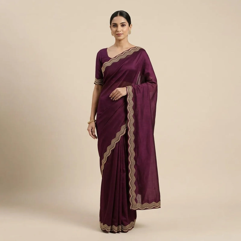 Elegant Wine Purple Stone Work Border Saree for Party & Wedding Wear